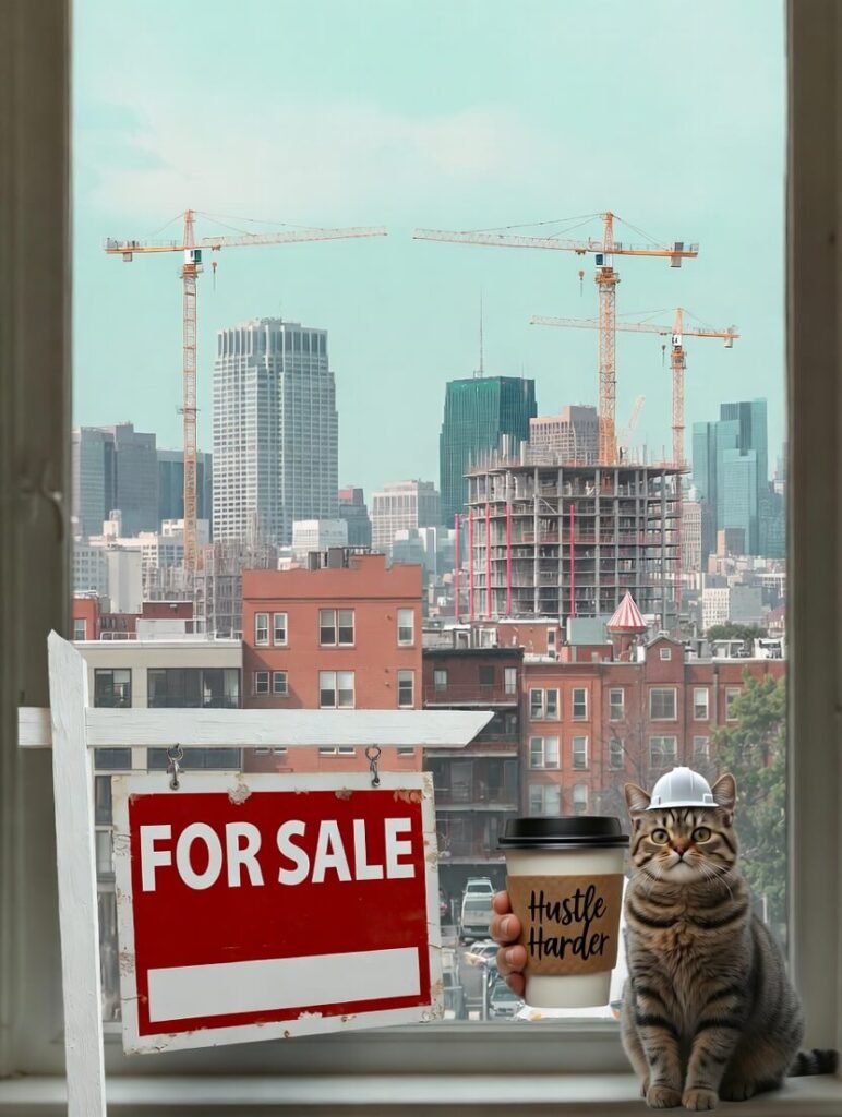 Crooked "For Sale" sign with avocado toast, judgmental raccoon, cranes behind.
