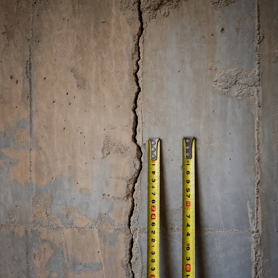 hairline crack in a foundation wall, with a measuring