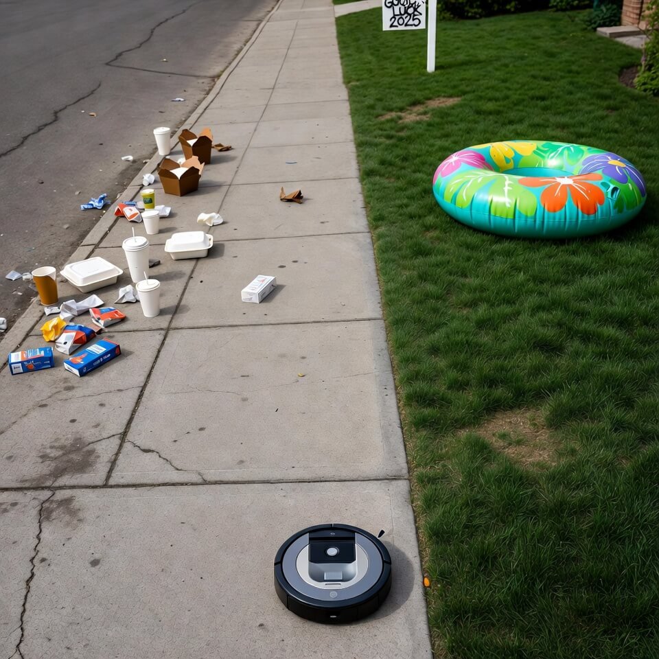 Cracked sidewalk meets suburban lawn with lonely Roomba and sarcastic