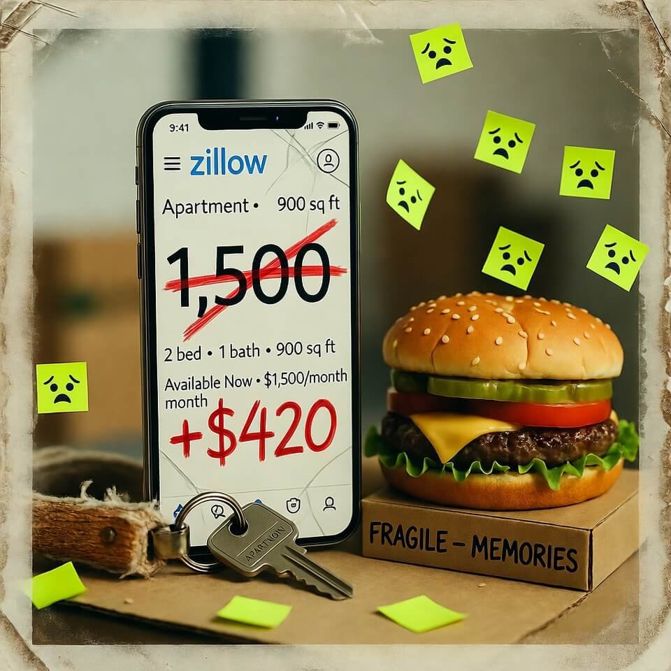 Cracked phone showing crossed-out Zillow rent hike