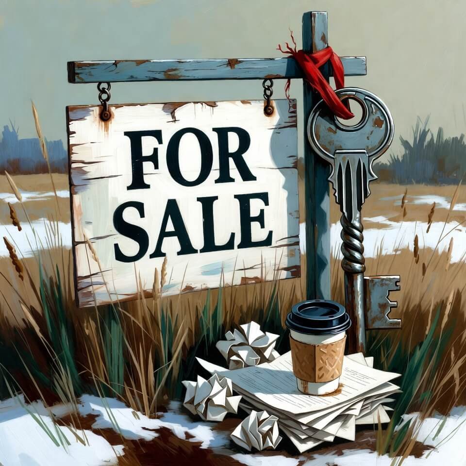 Crooked "For Sale" sign with giant key and coffee cup in mud