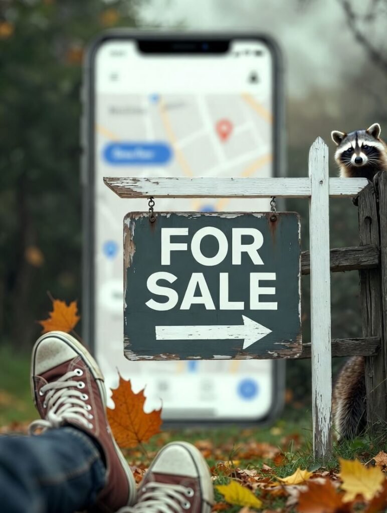 Crooked "For Sale" sign, cold pizza, red sneaker on rusty car hood