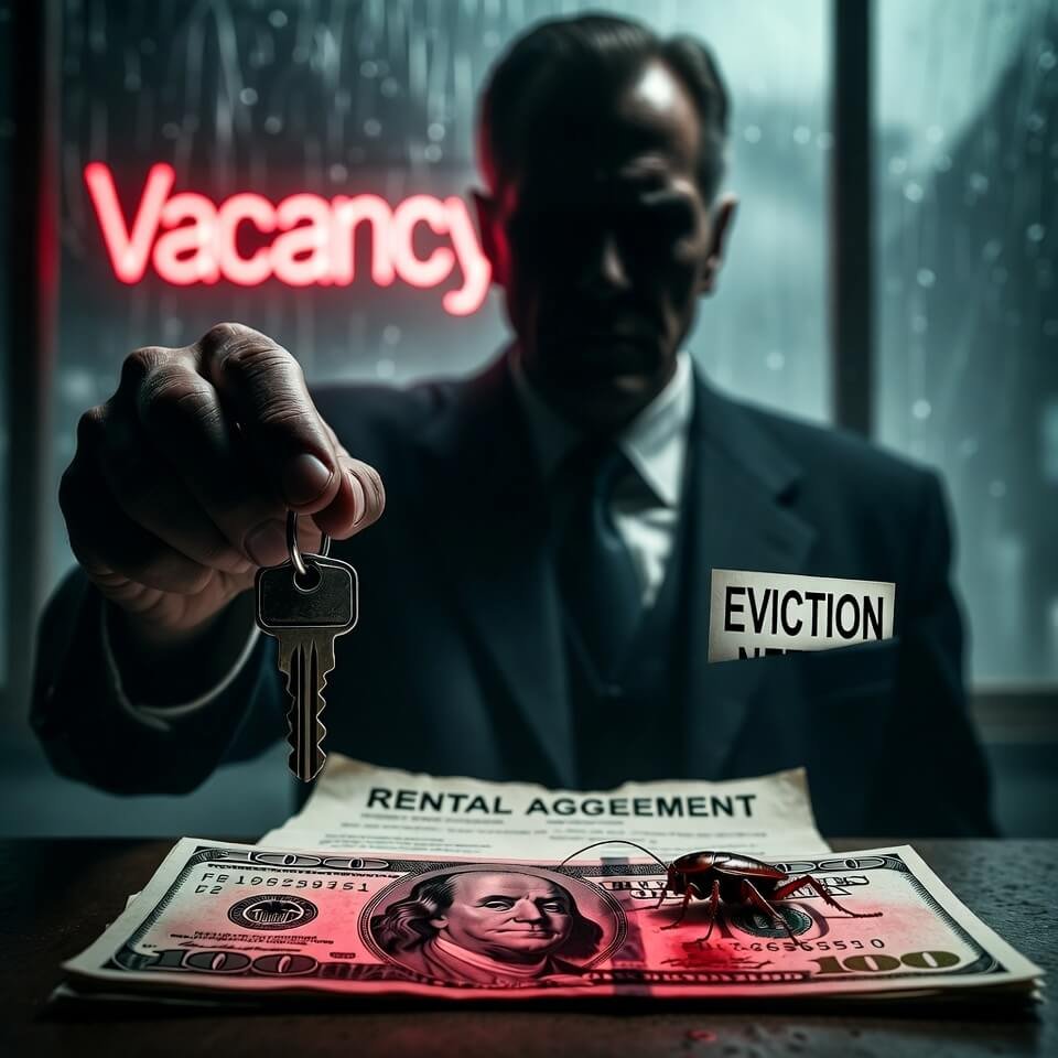 Shadowy landlord dangling key with eviction notice and cockroach on cash