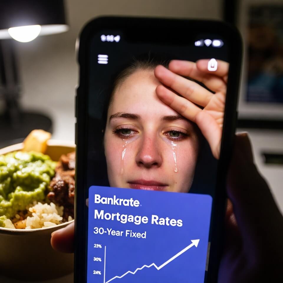 Tears on phone showing mortgage rate spike alert