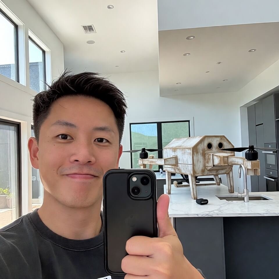 Awkward thumbs-up selfie inside sleek modular home showroom