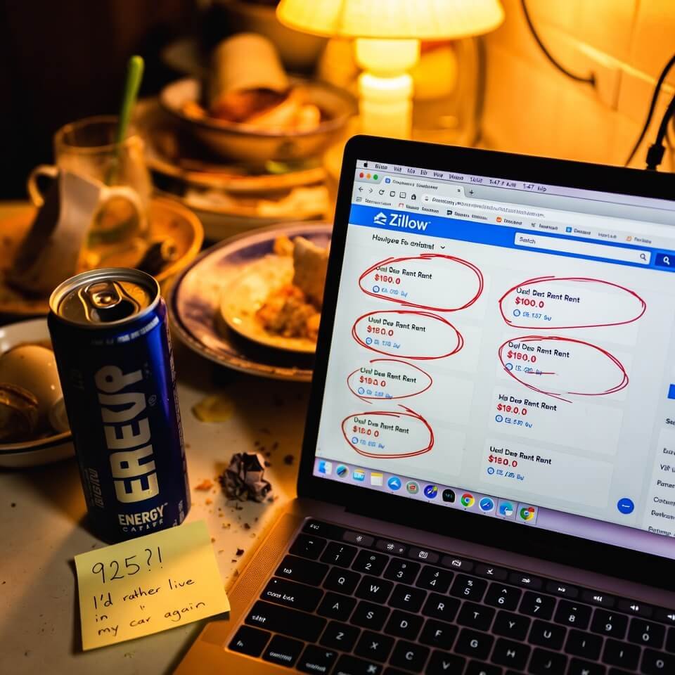 Late-night kitchen table chaos: laptop with red-circled high rents