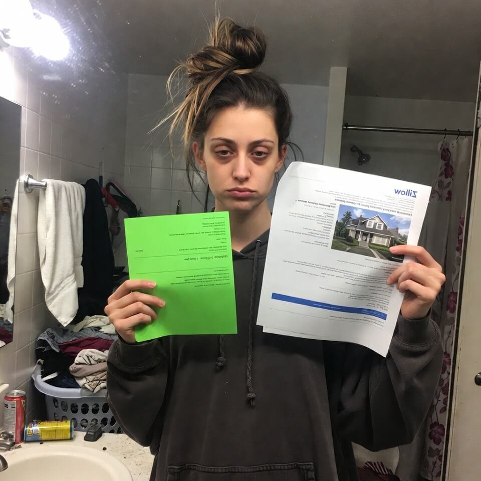 Tired bathroom selfie holding pre-approval letter and overpriced house listing.