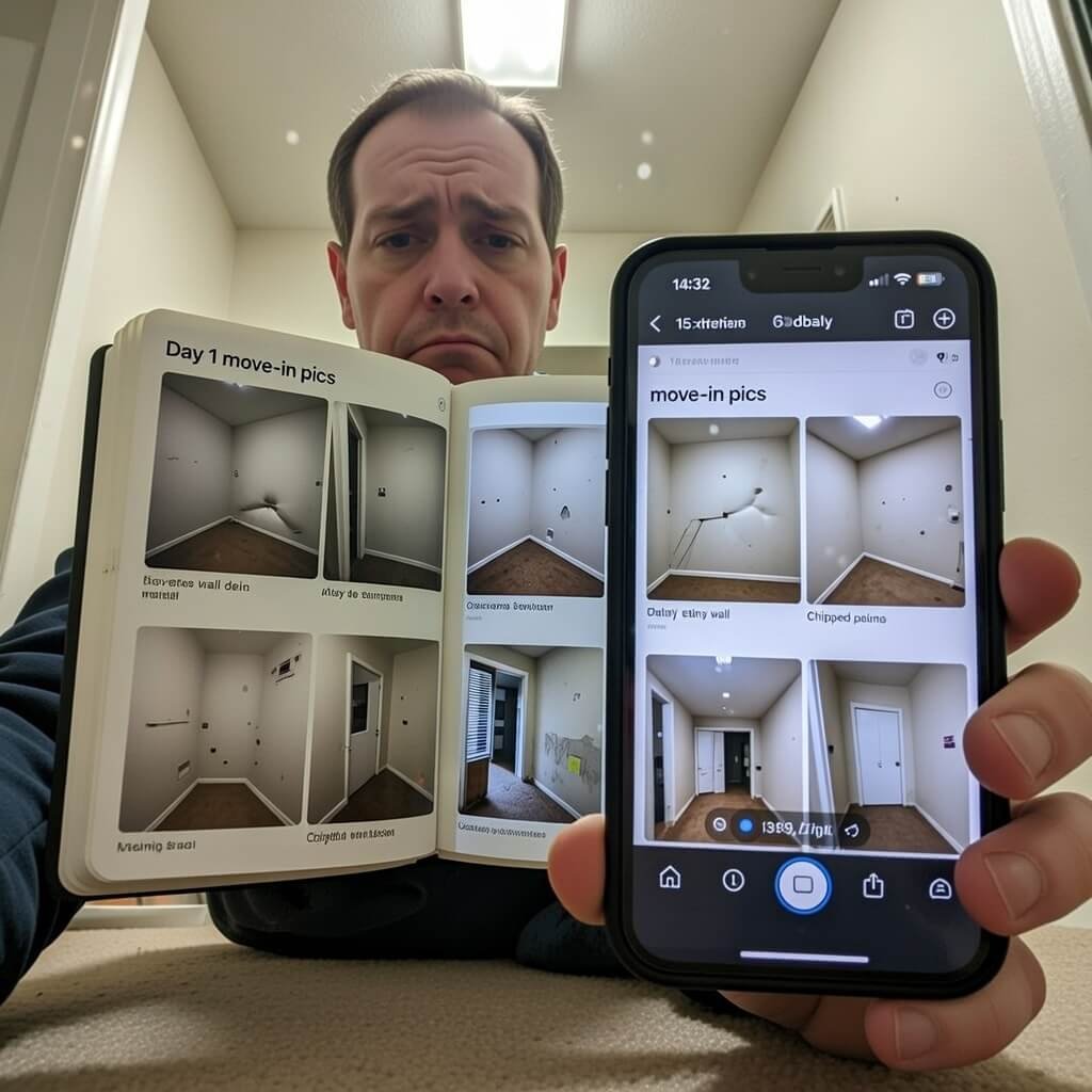 Tired tenant selfie showing phone with move-in damage photos on grimy floor