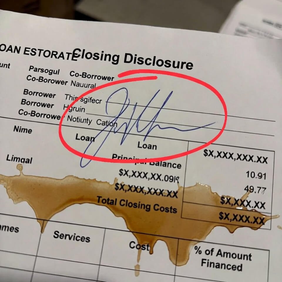 Close-up of coffee-stained closing document with shaky circled signature.