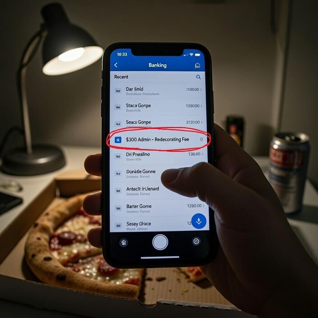 Blurry phone screen with circled $300 admin fee, pizza box nearby
