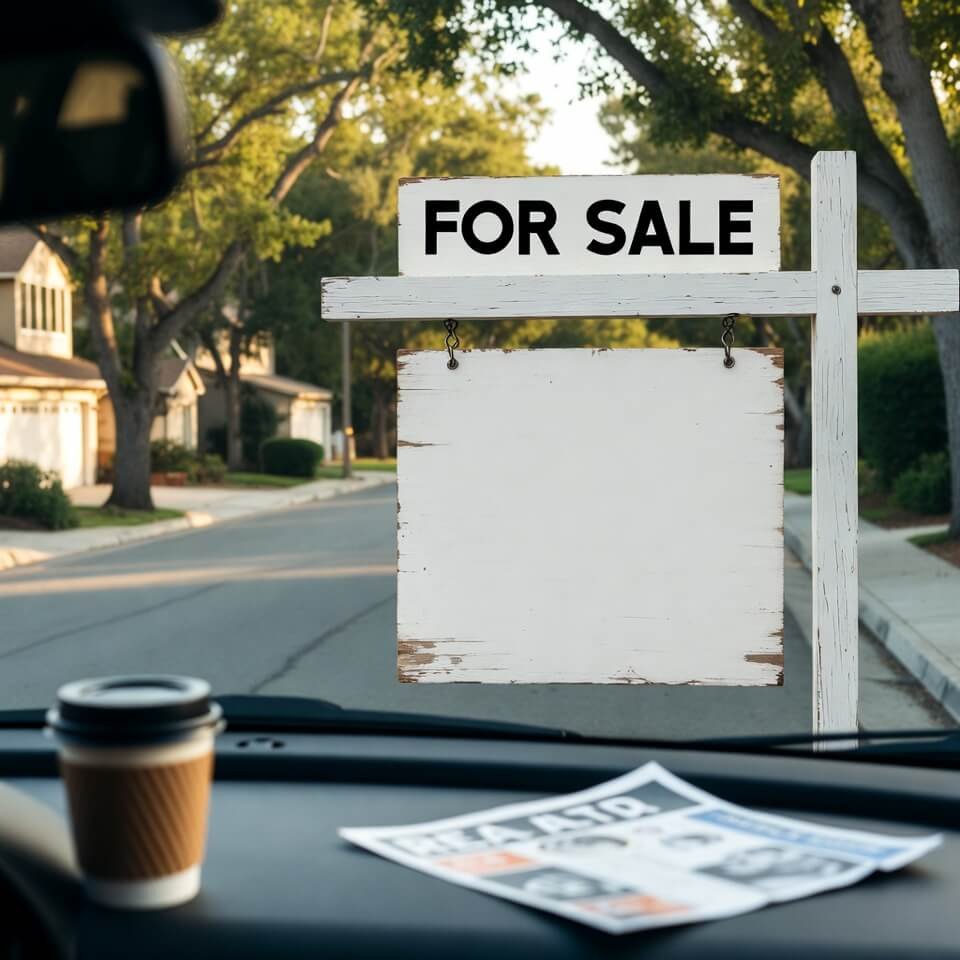 Weathered "For Sale" sign through car windshield