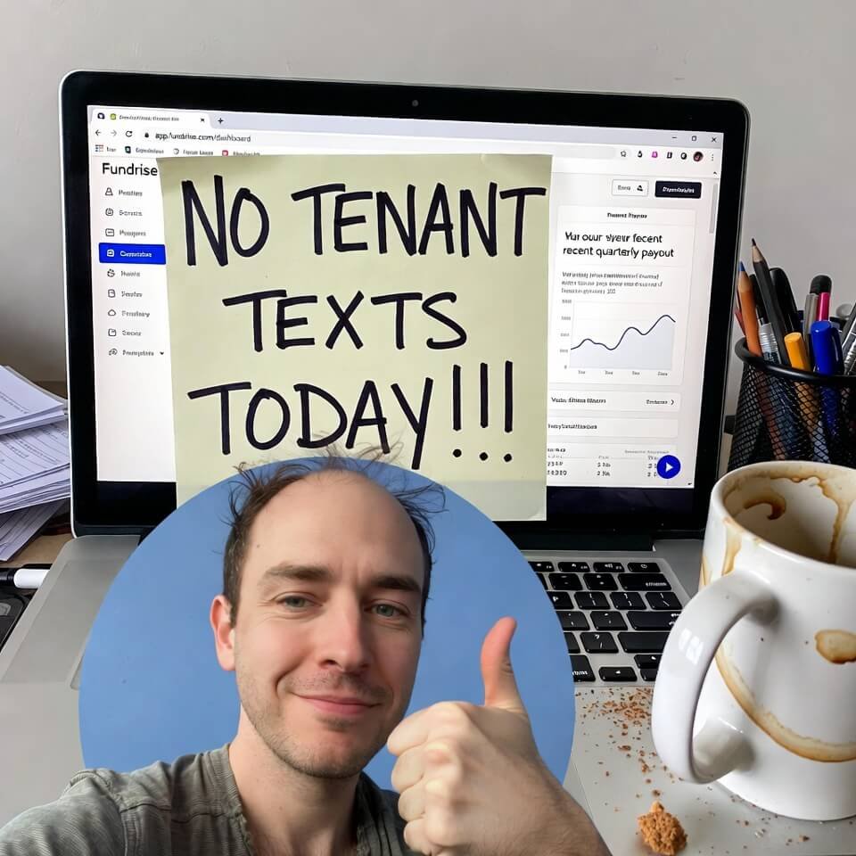 Bedhead selfie thumbs-up with Fundrise payout and “NO TENANT TEXTS