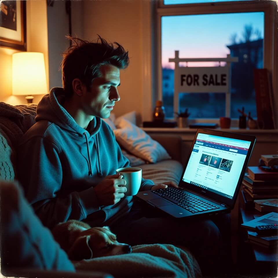 Tired guy with dog, laptop, and for-sale sign at dusk